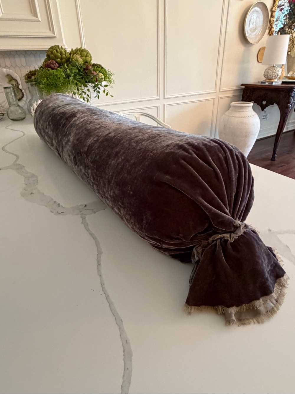 Bella Notte Long Silk Velvet Royal  Bolster Pillow in the color “Fog”.